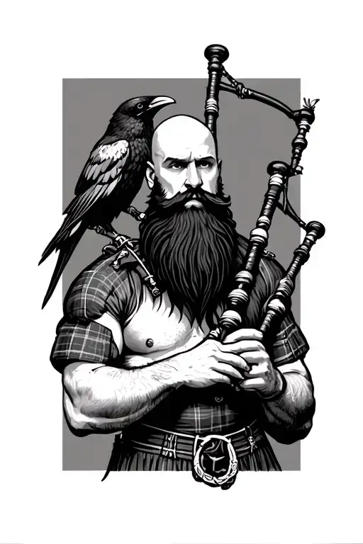 bald bagpiper with black beard with crow featherd muscular body with a mans head and hands playing blackbagpipes tattoo design idea