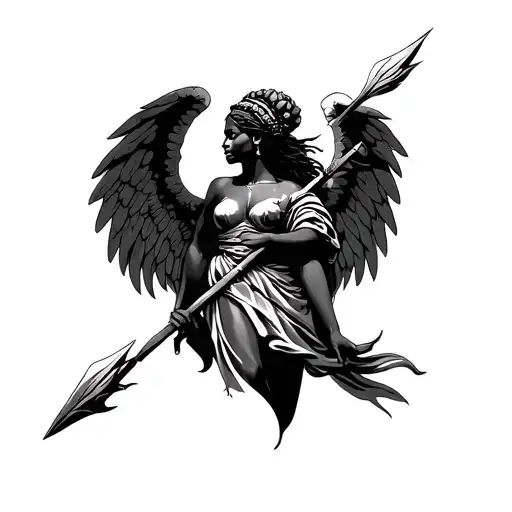 African Angel holding spear tattoo design idea