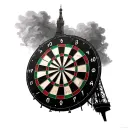 [ Blackpool Tower ]        |      (Clouds / Smoke shading background)    [ DARTBOARD ]      (Main large centerpiece tattoo design idea