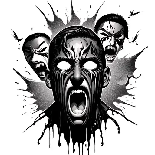 A guy with white eyes, from which tears tears, tears off his mask, masks with different grimaces also fly around him tattoo design idea