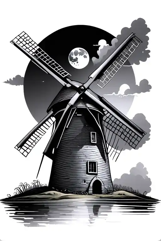Dutch windmill, feathers, one moon, faded border, water, half dark sky, half bright sky tattoo design idea