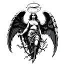 angel with open wings spread wide and sword in hand with vines wrapped around the sword and halo above its head tattoo design idea