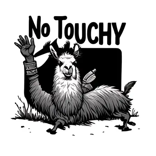linework tattoo, black ink only, Emperor Kuzco as a Llama waving his hooves saying "No Touchy" and the font for that is  tattoo design idea