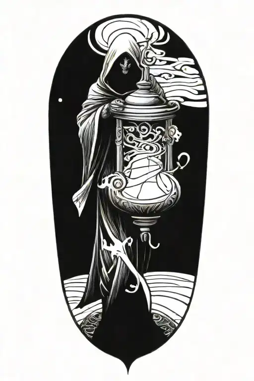 Dark labyrinth, twisted and dark, hooded figure, hour glass with sand flowing upwards tattoo design idea
