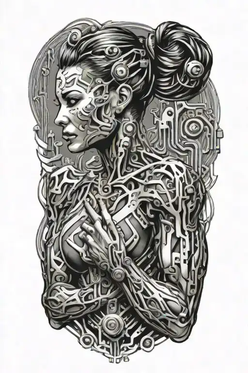 bodybuilding muscled women with technology circuits merging tattoo design idea