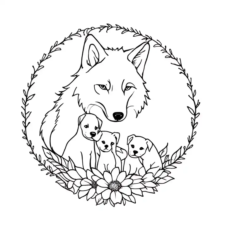 wolf mother with 2 puppies in a flower tattoo design idea