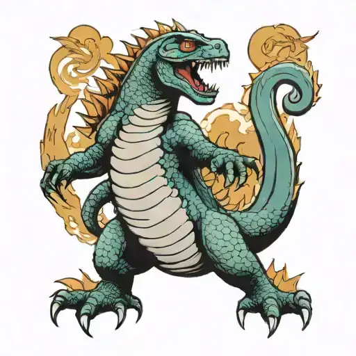 Full body godzilla realistic and colorfull  tattoo design idea