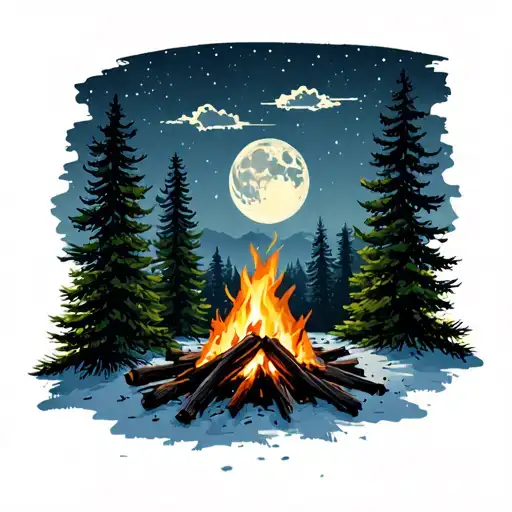 A campfire in the evergreen forest beneath a full moon with only a small, whispy cloud or two  tattoo design idea