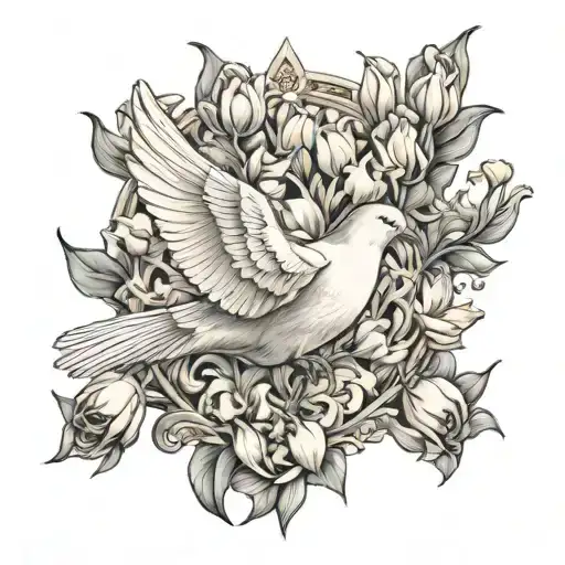 dove with tulips flying to the gates of heaven tattoo design idea