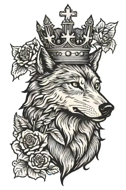 wolf with a crown by a cross tattoo design idea
