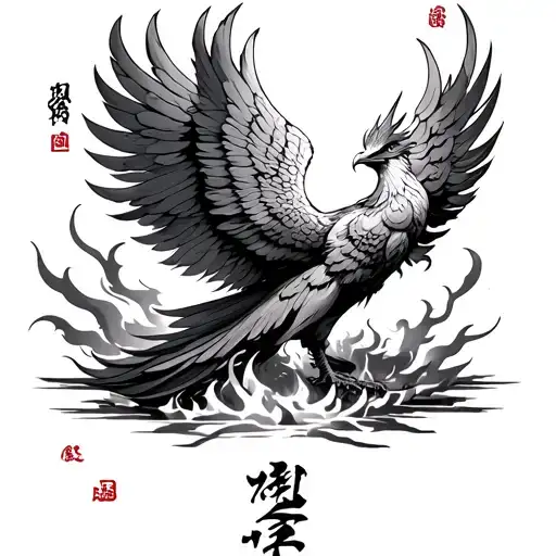 A tatoo depicting a phoenix rising from ashes with Kaizen script in Kanji as a foear tatoo tattoo design idea