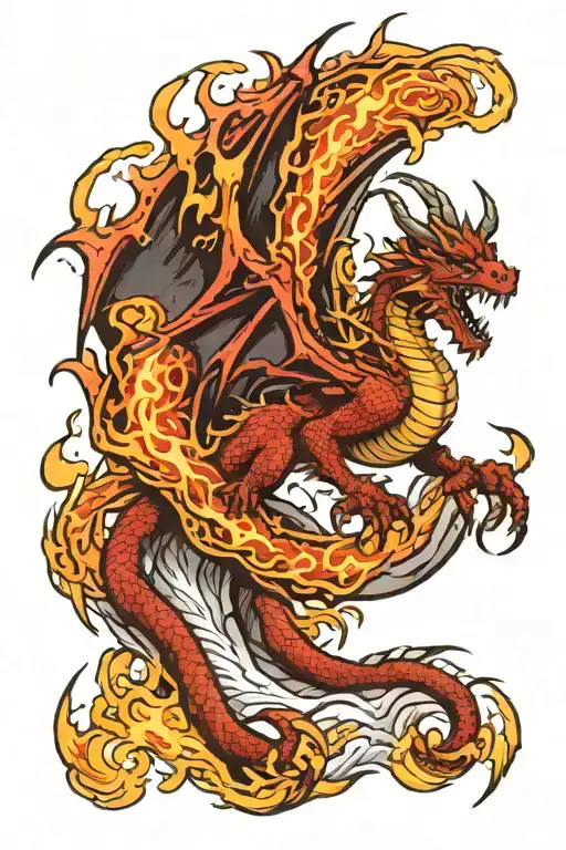 western dragon emerging from fiery portal tattoo design idea