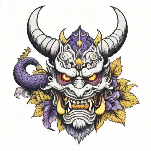 white oni mask purple snake emerge form its mouth and yellow leafs around it tattoo design idea