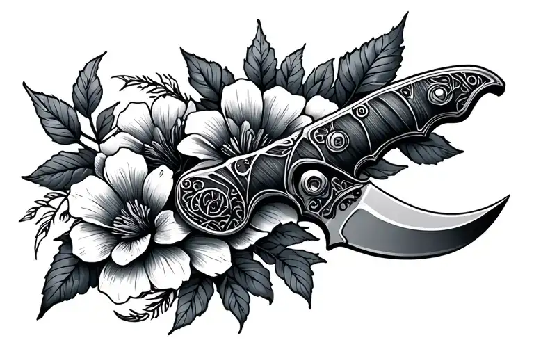karambit knife with flowers intertwined tattoo design idea