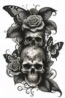 roses skull butterfly's with flower stem half arm sleeve tattoo design idea