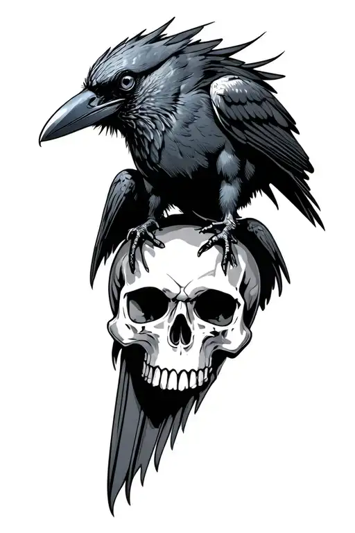 evil looking crow sitting on a sideways skull tattoo design idea
