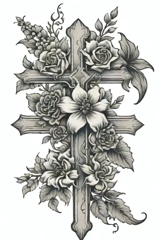 cross with birth flowers of July, October, and December  tattoo design idea