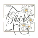 minimalist - calligraphy word ‘she’ then design the end with daisy flower with cross tattoo design idea