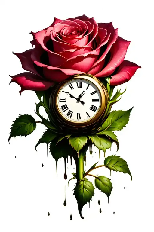 clock melting into giant rose bud tattoo design idea