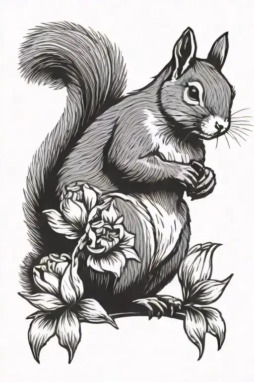 Squirrel holding Tulip flower tattoo design idea