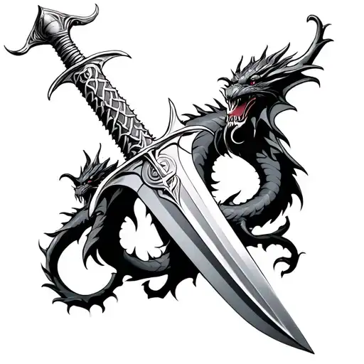 excalibur sword with super RN on the handle surrounded vy 2 dragons tattoo design idea
