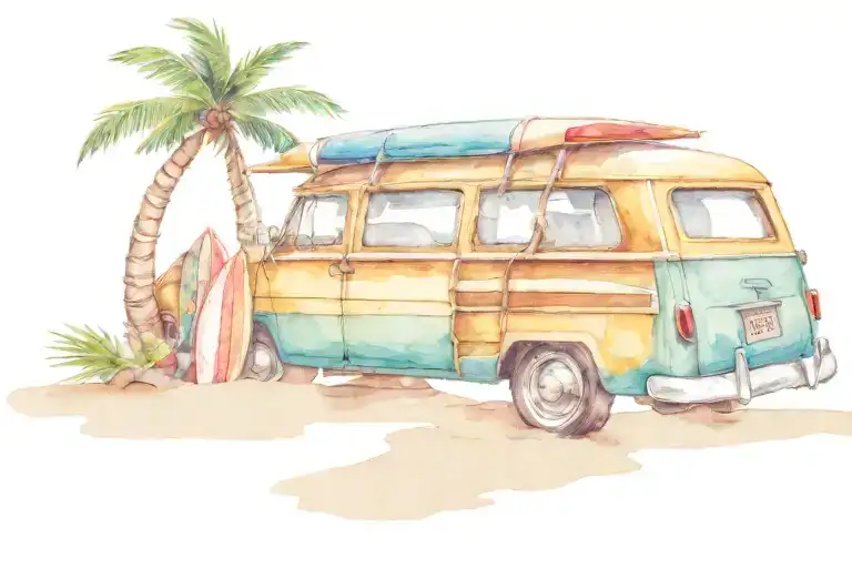 woody surf wagon with surf boards on a tropical beach tattoo design idea