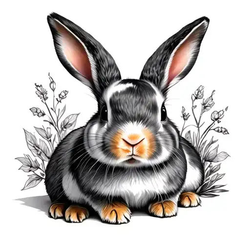 two mini lop bunnies, one laying down with legs splayed, and the other one standing up on its back legs  tattoo design idea