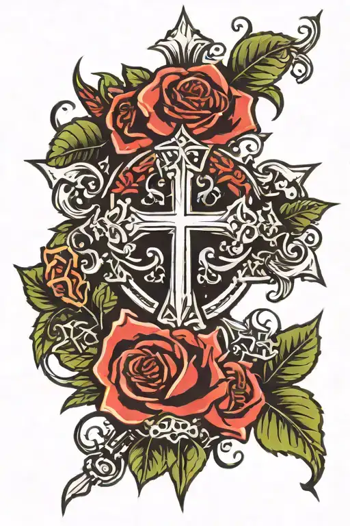 chrome hearts cross with slight roses and crown of thorns tattoo design idea