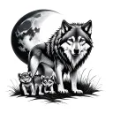 full body wolf with two cubs and moon tattoo design idea