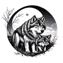full body wolf with two cubs and moon tattoo design idea