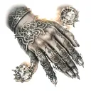 sky back ground with light shining through with hands in the middle showing off engagement rings tattoo design idea