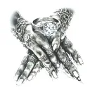 sky back ground with light shining through with hands in the middle showing off engagement rings tattoo design idea