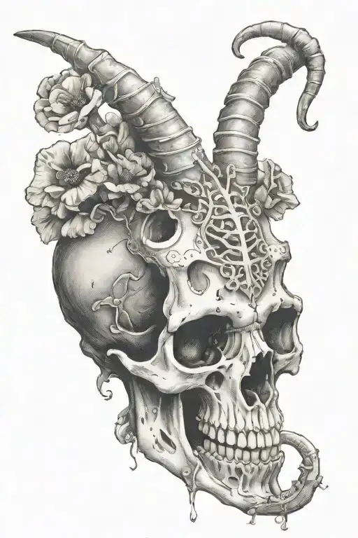 goat skull and mushrooms toad smoking tattoo design idea