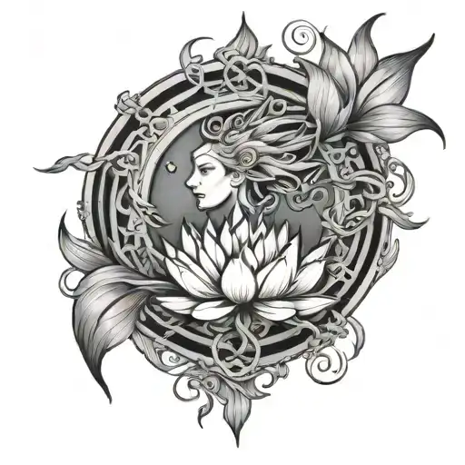 Broken Chains at the Base, Phoenix Rising  above, broken Mirror Reflection, Lotus Flower Blooming tattoo design idea