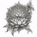 Broken Chains at the Base, Phoenix Rising  above, broken Mirror Reflection, Lotus Flower Blooming tattoo design idea