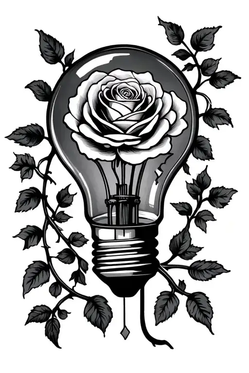 broken light bulb with rose inside and vines around it  tattoo design idea