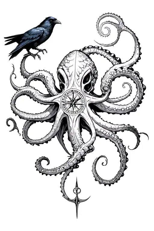 kraken holding compass and raven attacking tattoo design idea