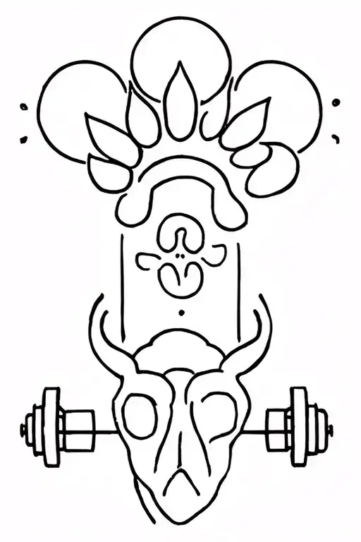 Straight back tattoo with a dog paw, a horse horsetle, a sun, bull sign and a gym dumbbell tattoo design idea