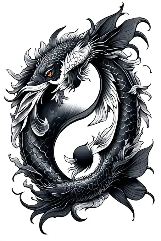 Recreate in a japanese tattoo style the shape of yin yang with a koi fish facing up and a dragon facing down tattoo design idea
