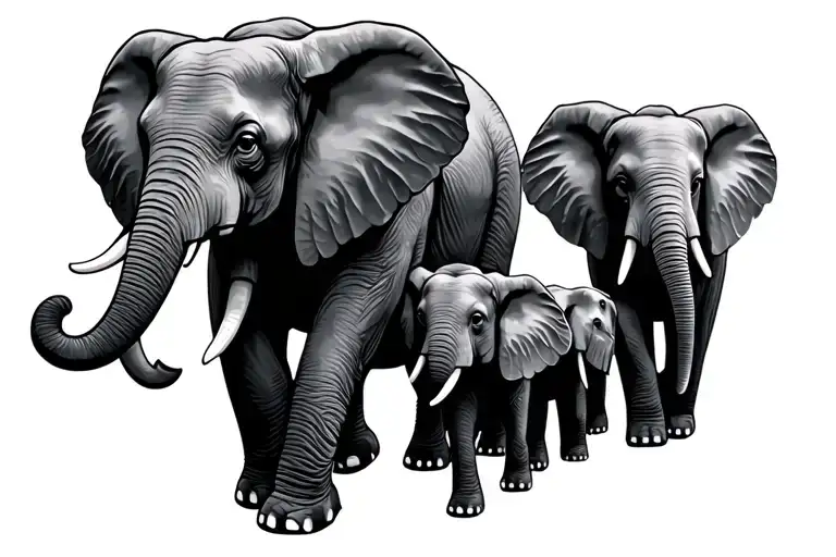 Mom And dad 4 children elephant walking tattoo design idea