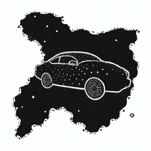 A dotwork tattoo of a constellation map of the Scorpio zodiac sign with a silhouette of a fast car speeding through the stars tattoo design idea