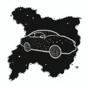 A dotwork tattoo of a constellation map of the Scorpio zodiac sign with a silhouette of a fast car speeding through the stars tattoo design idea