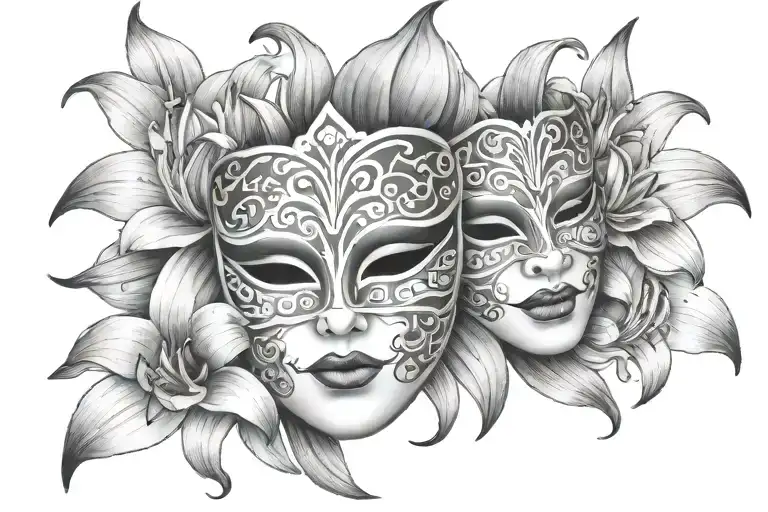 theatre mask with lillys blossoming tattoo design idea