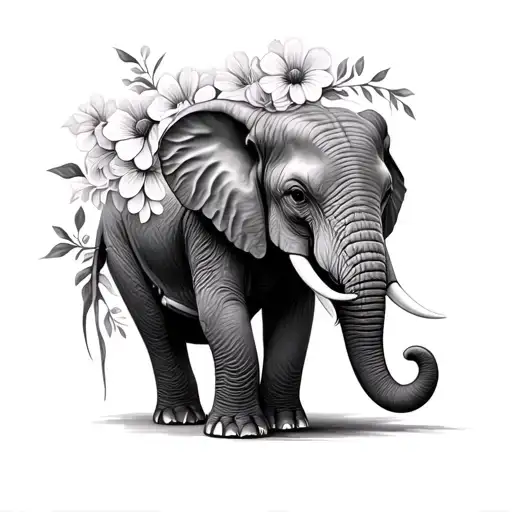 realistic elephant with flowers tattoo design idea