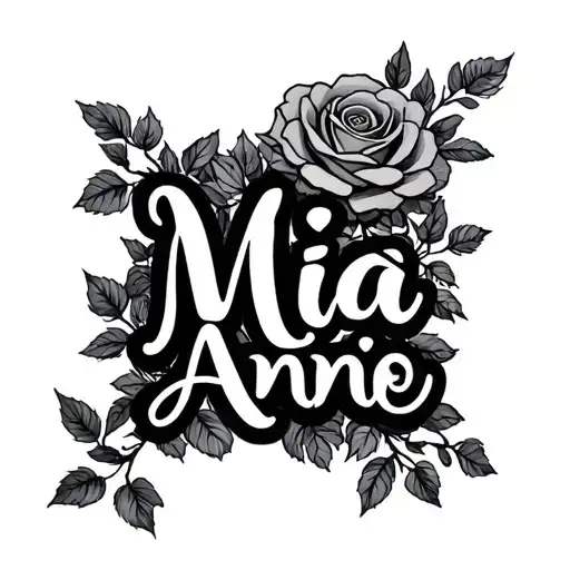 the name Mia Annie in stylised writing amongst rose tree tattoo design idea