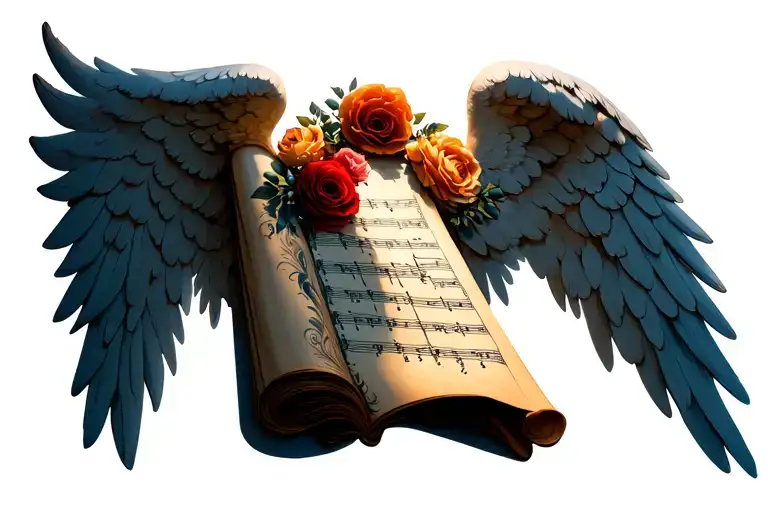 Angel wing wrappingaround protecting a scroll of sheet music for amazing grace accents of flowers represent love lost tattoo design idea