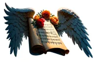 Angel wing wrappingaround protecting a scroll of sheet music for amazing grace accents of flowers represent love lost tattoo design idea