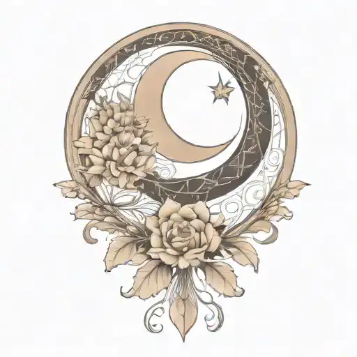 crescent moon above, floral, art nouveau  tattoo design idea