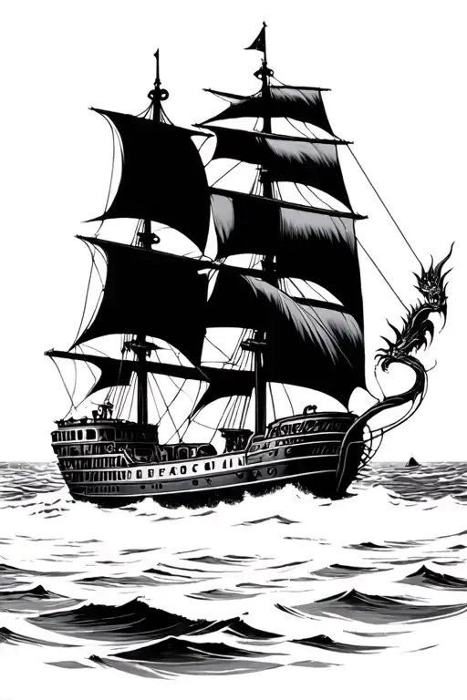 Heavy metal, sailing ship, dragon, mechanics, tattoo design idea