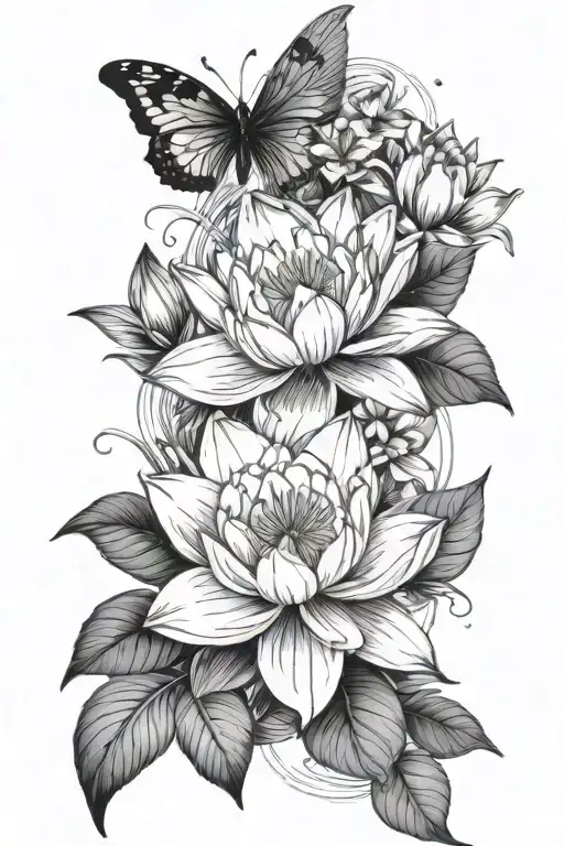 water lily, daffodlil, narcissus, violiets intertwined, butterflies scattered throughout tattoo design idea